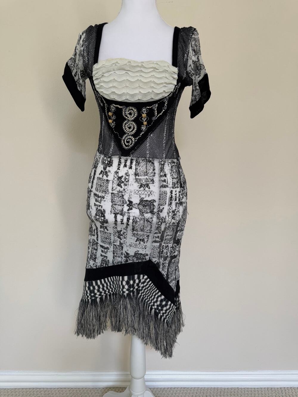 Vintage Save the Queen! Italian Mesh Midi Dress Fringe Tag XL fits M Fairycore